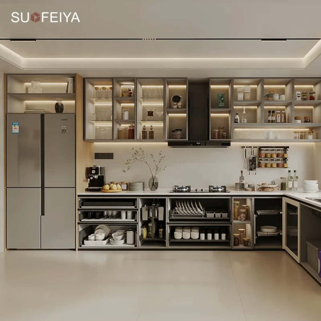 Customized Modern Full Chip Kitchen Cabinets MDF Carcase Glass Furniture For Apartment Joinery Low Price Including Faucet Hinge