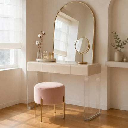 Transparent Acrylic WaterFall Legs Cream Lacquer Dressing Vanity Table Seamless 2 Drawer OEM ODM For Bedroom Hotel Makeup Room
