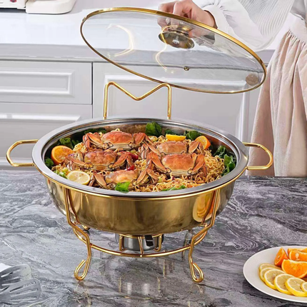 Restaurant Equipment 4.5Litres Golden Stand Buffet Food Warmer Catering Party Gold Round 8L Chafing Dish Glass Lid Soup Pot