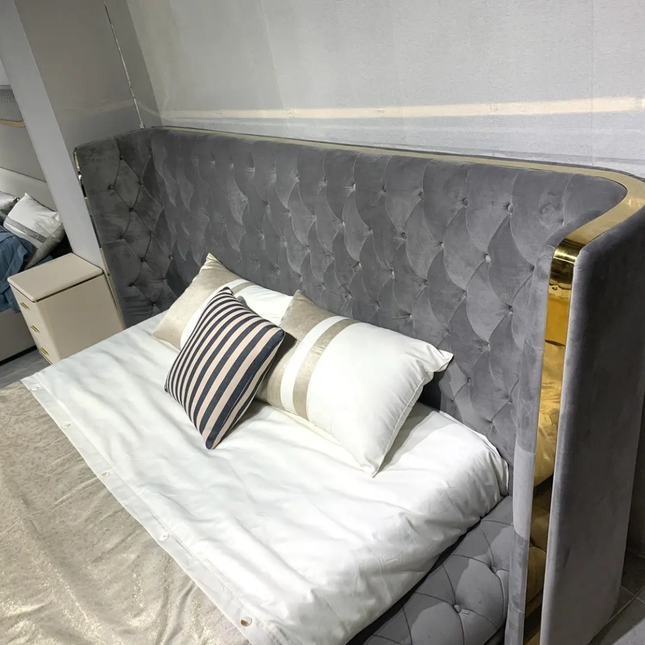 Opulent Grey King Bed - Modern Italian Design, Button-tufted Premium Fabric with Gold Accents