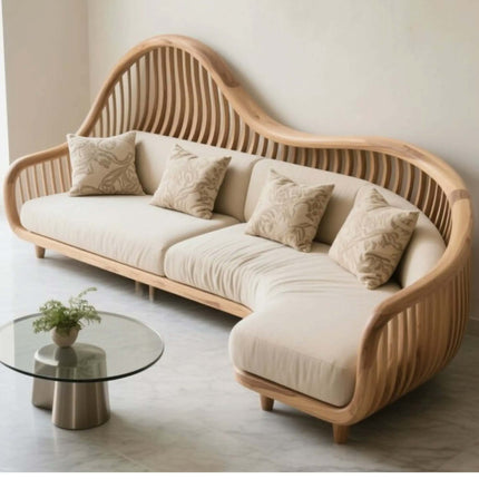 Elegant Scandinavian Wooden Sofa with Unique Curved Backrest Design For Modern Home Decoration