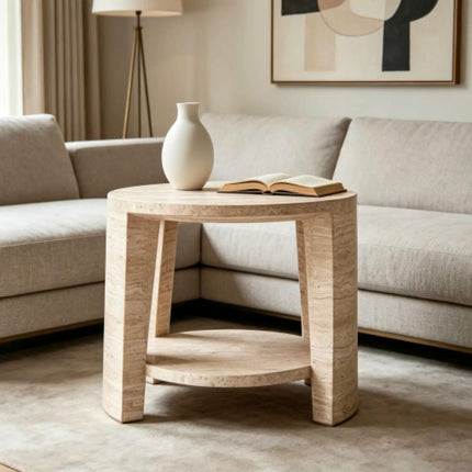 Honed Banded Travertine Side Table Upper and Lower Round Layers Hollow Middle Space Resort Hotel Guest Bedside Table