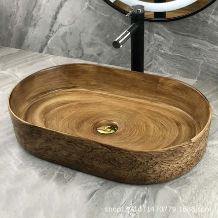 Modern Rustic European Cabinet Rectangular Wood-Style Ceramic Shampoo Sink Porcelain Stone For Bathrooms Dining For Hotels