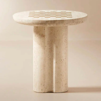 Multifunctional Modern Marble Coffee End Table Round Brass Inlay and White Travertine Game Side Table