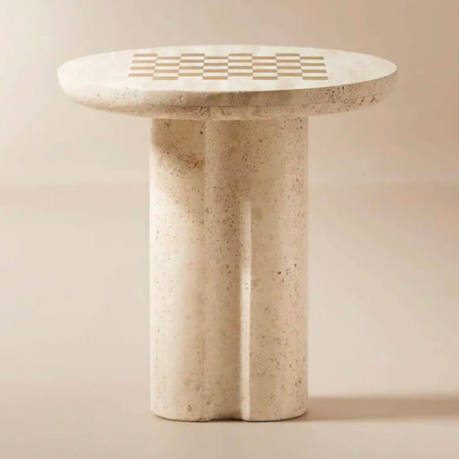 Multifunctional Modern Marble Coffee End Table Round Brass Inlay and White Travertine Game Side Table