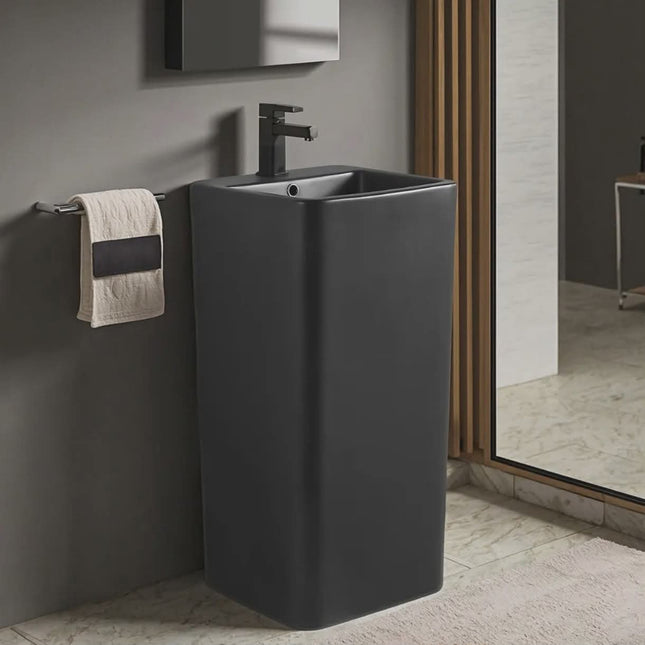 Modern Matte Black Rectangular Pedestal Sink with Single Handle Faucet – Minimalist Bathroom Design