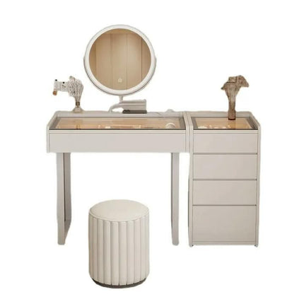 Modern Hot Sale White Glass Top Vanity Dressing Table with Drawer and Lighted Mirror Bedroom Furniture