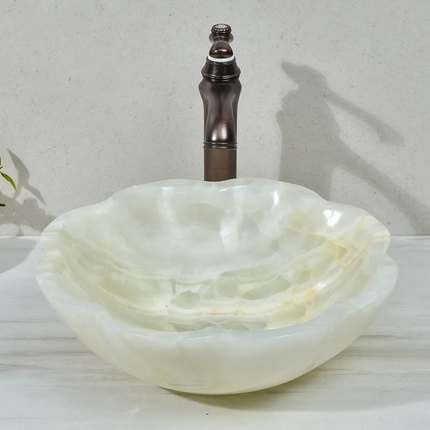 Luxury White Onyx Marble Stone Wash Basin Home Decor Washroom Flower Shape Art Vessel Sink Vanity Table Top Sink Basin