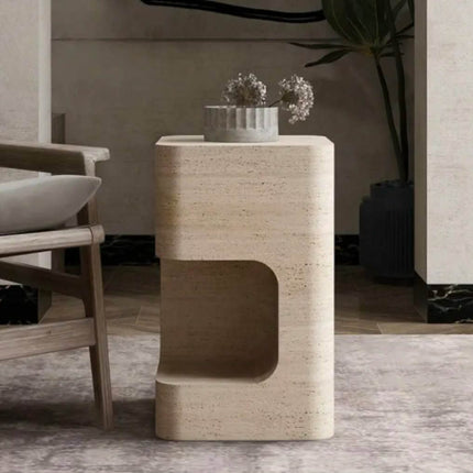 SAIDKOCC 40x40x50cm Wabi Sabi Style Natural Marble Travertine Bedroom Bedside Table Living Room Side Table Home Decoration Beige