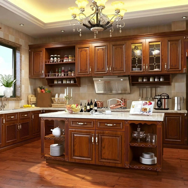 Custom Luxury Red Oak and Red Walnut Solid Wood Door Wooden Kitchen Cabinets with Painted Plywood Cabinet Body Kitchen Island