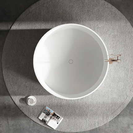 Modern Freestanding Solid Surface Eco-friendly Round Soaking Bathtub With Drainer and Center Drain White Textured Surface finish