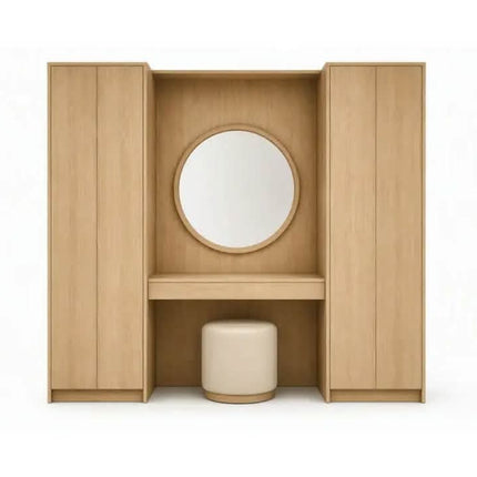 Modern Full Height Vanity Set with Round Mirror Cabinet and Wooden and Dressing Table  Cream White for Master Bedroom