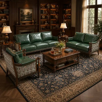 Modern Green Leather Sofa Set Solid Wood Frame Living Room Apartment Dining Couch Elegant Luxury Seating Furniture