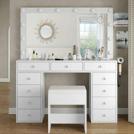 LED Modern Mango Panel Design Makeup Vanity Table 3 Light Modes Built-in Power Outlets Hairdryer Cushioned Stool Storage