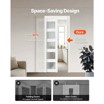 Siding Pocket Door 30x80 In 5-Lite Frosted Glass Solid Wood Interior Bedroom Door Contemporary Design
