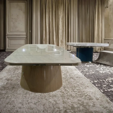 Royal White Marble Top Dining Table Supreme Luxury Design with Solid Wood Base