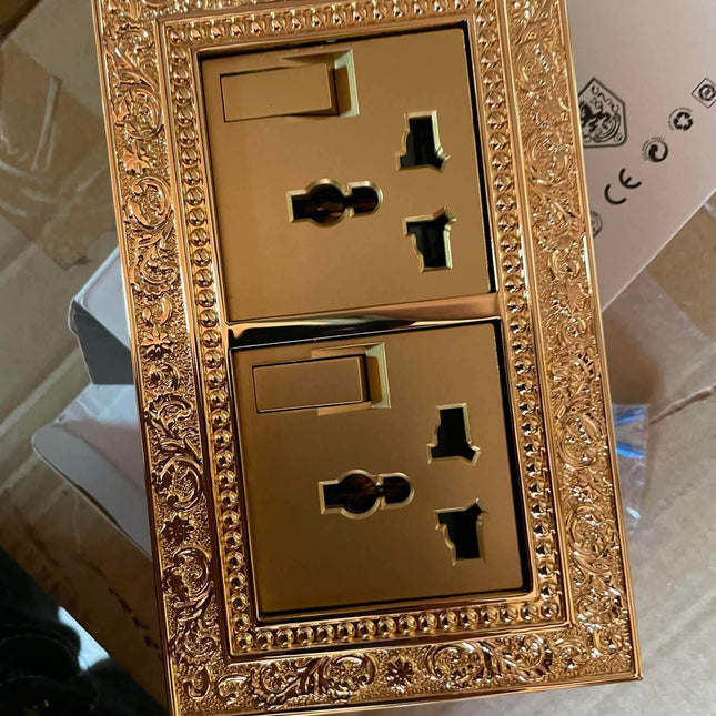 Gold Ornate Double Switch Socket Italian Design Elegant Wall Hardware Masterpiece