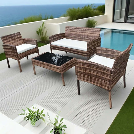 Brown Rattan Outdoor Furniture Set with Glass Coffee Table | 2 Chairs, Loveseat, Cushions, Custom Colors & Styles for Patio