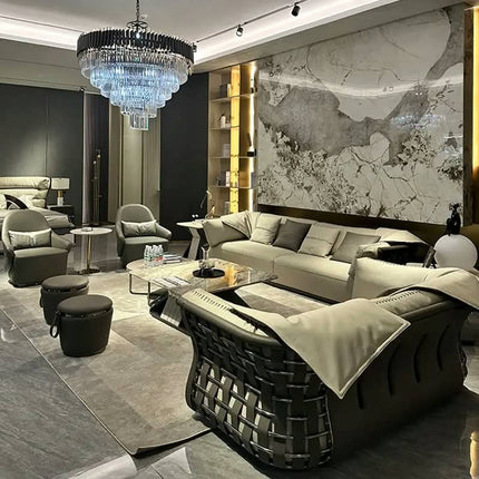 European Luxury Design Leather Sofa Set High-End Wooden Sectional Furniture For Hotel Villa Living Room Includes Chairs