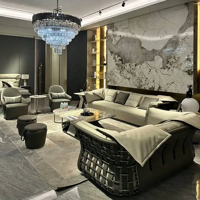 European Luxury Design Leather Sofa Set High-End Wooden Sectional Furniture For Hotel Villa Living Room Includes Chairs