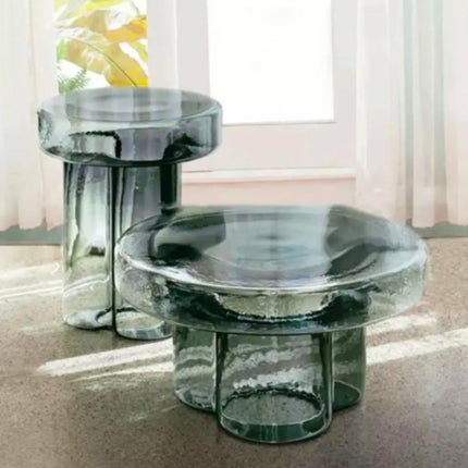 New Arrival Luxury Flower Design Coffee Table Transparent Colorful Glass Round Table Home Living Room Hotel Sofa Side Table Set