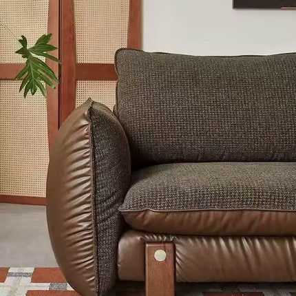 Midcentury Modern Two Seat Genuine Leather Upholstered Sofa Extendable Convertible Cushion Back Padded Arms Sofa Bed for Living