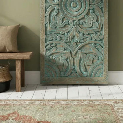 Rustic Antique Teal Carved Wood Sliding Barn Door Handcrafted Mandala Floral Interior Entryway