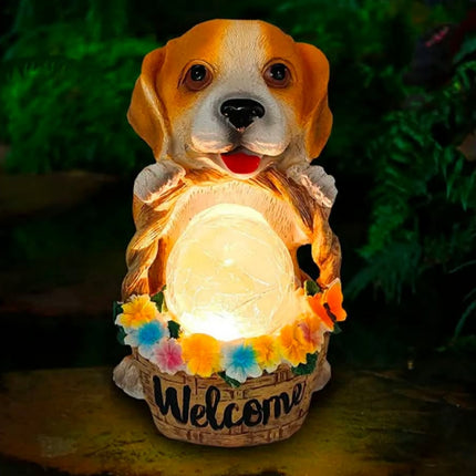 Outdoor Courtyard Solar Animal Statue Ornament Garden Resin Craft Realistic Dog Sculpture