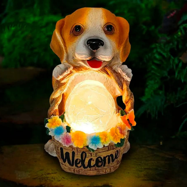 Outdoor Courtyard Solar Animal Statue Ornament Garden Resin Craft Realistic Dog Sculpture