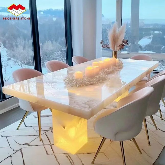 Luxury translucent onyx marble dining table with LED backlight – crystal stone top for dining, tea, coffee, and bar use