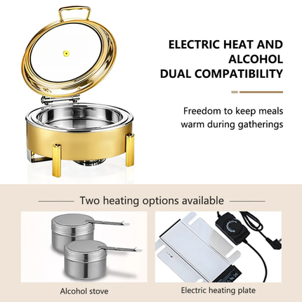 4-Colour Elegant Dual-Use Chafing Dish Stainless Steel Buffet Warmer with Hydraulic Lid Round Square Rectangular Shapes