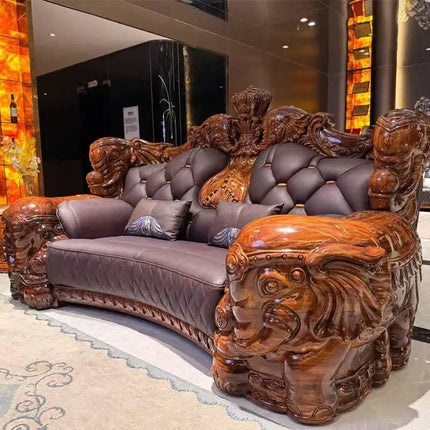 High End Ebony Sectional Sofa Combination Set Handcrafted European Design Genuine Leather Sturdy Frame Recessed Arms Comfortable