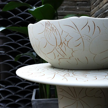 Modern Fancy Round Ceramic Washbasin White Freestanding Pedestal Sink with Floral Motif