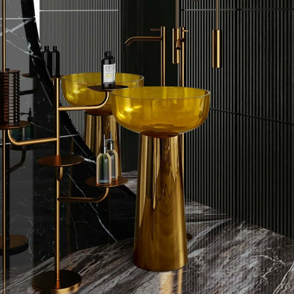 Gold Color Pedestal Basin Free Standing Sink Resin Stone Basin High-End Floor Standing Bathroom Lavatory Wash Basin