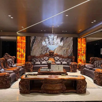 High End Ebony Sectional Sofa Combination Set Handcrafted European Design Genuine Leather Sturdy Frame Recessed Arms Comfortable