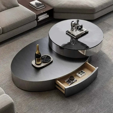 Modern creative design extendable stainless steel tempered glass rotating oval center coffee table set storage for living room
