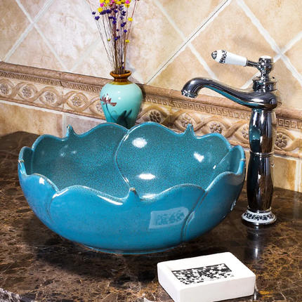 Beautiful Blue Art Ceramic Bathroom Sink Creative Design, Factory Direct Supply