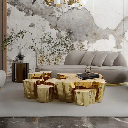 Italian light luxury tree root coffee table etched stainless steel living room furniture High-Low combination side table