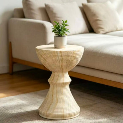 Modern Bohemian Durable Faux Travertine Side Table & Accent Nightstand with Outdoor Garden Stool for Living Room & Patio