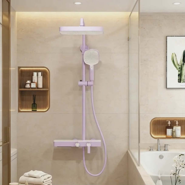 Candy Purple Brass Shower System – Features Waterfall Flow, High-Pressure Shower Head, Adjustable Slide Bar, and Multi-Functional Storage Rack for Convenience