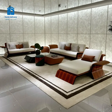 Italian Luxury for Wing Style Sectional Sofa Set Modern Design Natural Wood Veneer High-Gloss Lacquer Finish