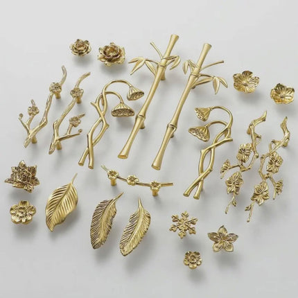 Elegant Gold Floral Cabinet Hardware Set – Nature-Inspired Drawer Pulls, Leaf Handles & Decorative Knobs for Furniture and Kitchen Cabinets