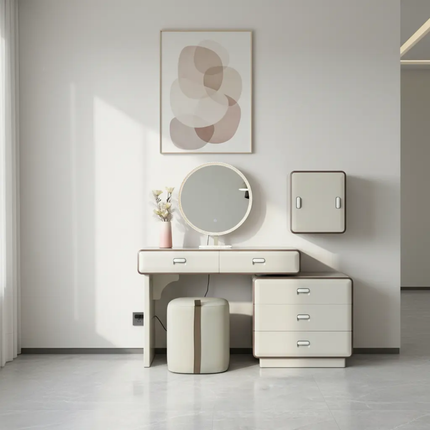 Modern and Luxurious White Dressing Table Set, Specially Designed For The Bedroom, Featuring Multiple Drawers And a Camera Light
