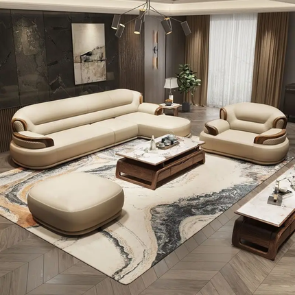 Imperial Comfort Series Deluxe Cream Leather Furniture with Elegant Wooden Frame and Center Table