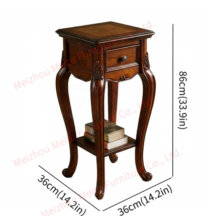 Traditional Wood Side Table w/ Drawer Shelf Carved Cabriole Legs Parquet Top Small Plant Stand for Living Room Sofa Entrya