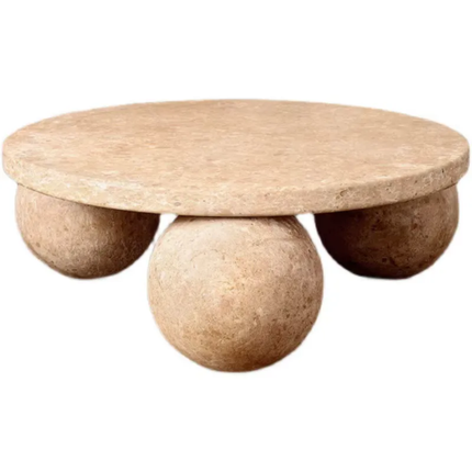 Modern natural stone round coffee table furniture 3 balls marble base beige travertine living room center coffee table