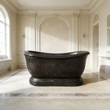 Hand Carved Freestanding Oval Shaped Solid Black Marble Soaking Bath Tub Marble Bathtub