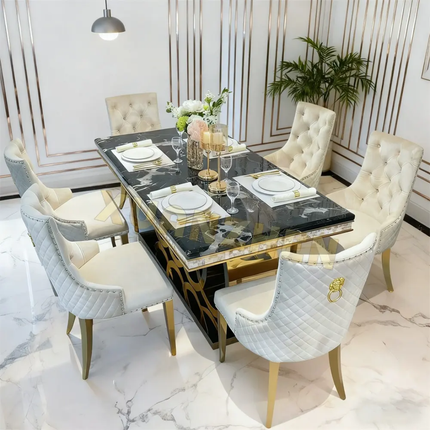 Modern Marble Dining Table Set – Rectangular Table with Chairs, Ideal for Dining Rooms and Restaurants