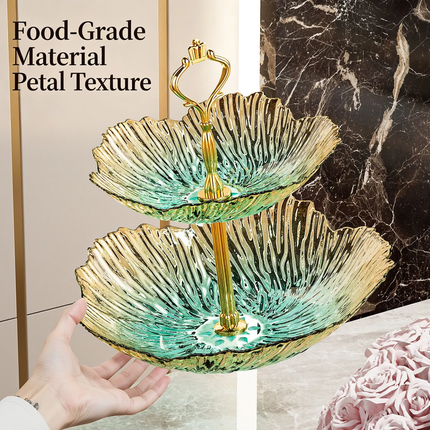 Luxury 2/3 Tier Gradient Petal Plastic Fruit Plate Crown Gold Handle Food Grade Snack Candy Serving Tray For Wedding Party Decor