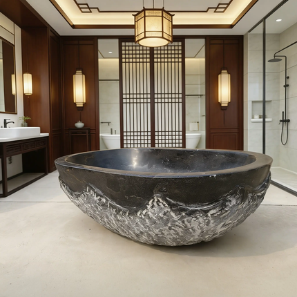 Hand Carved Freestanding Oval Shaped Solid Black Marble Soaking Bath Tub Marble Bathtub